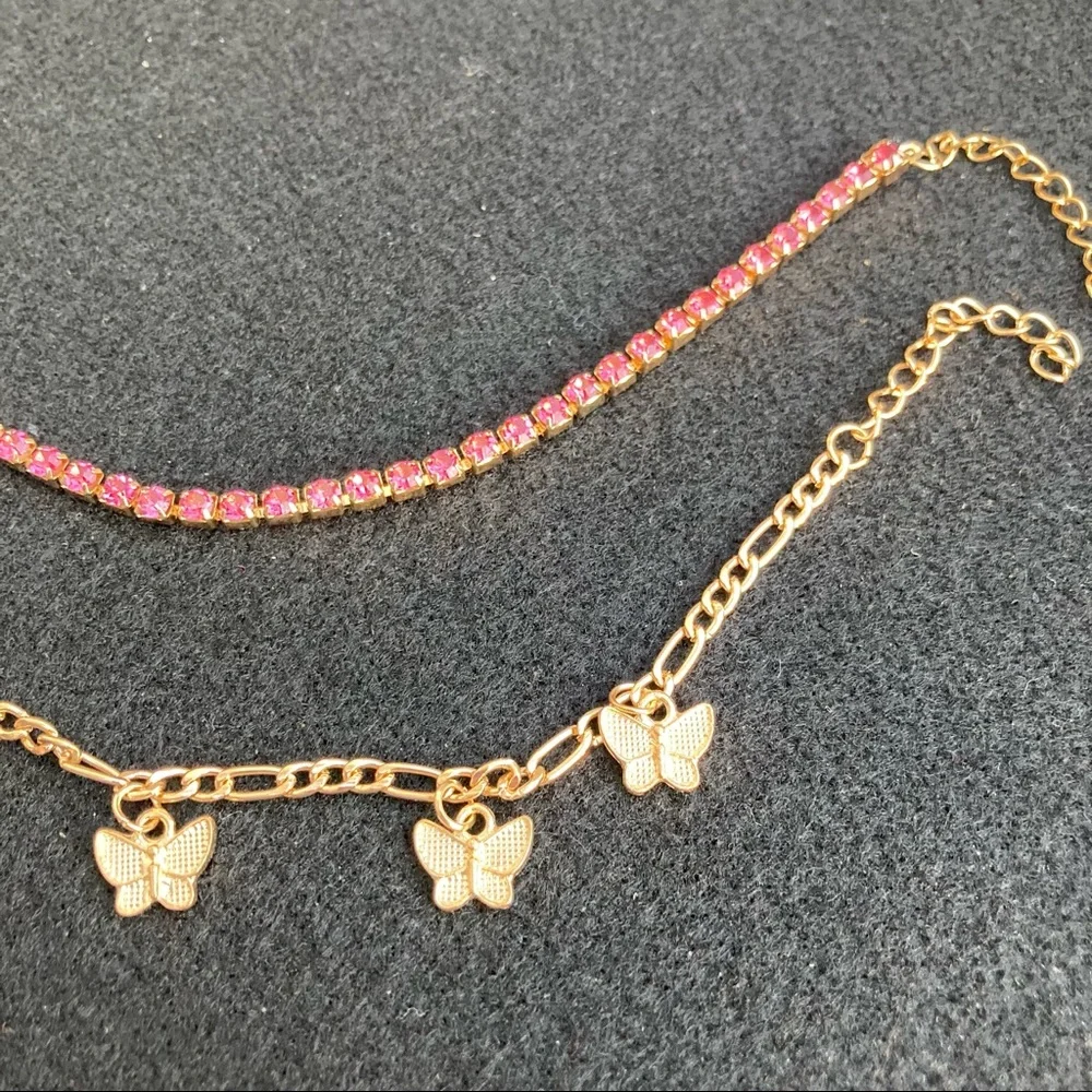 Gold Toned Butterfly & Pink Rhinestone Anklet Set - Picture 4 of 6